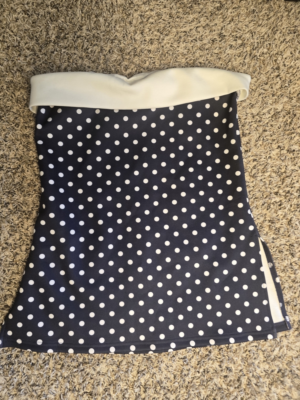 Navy Polka Dot Strapless Tube Top with White Trim